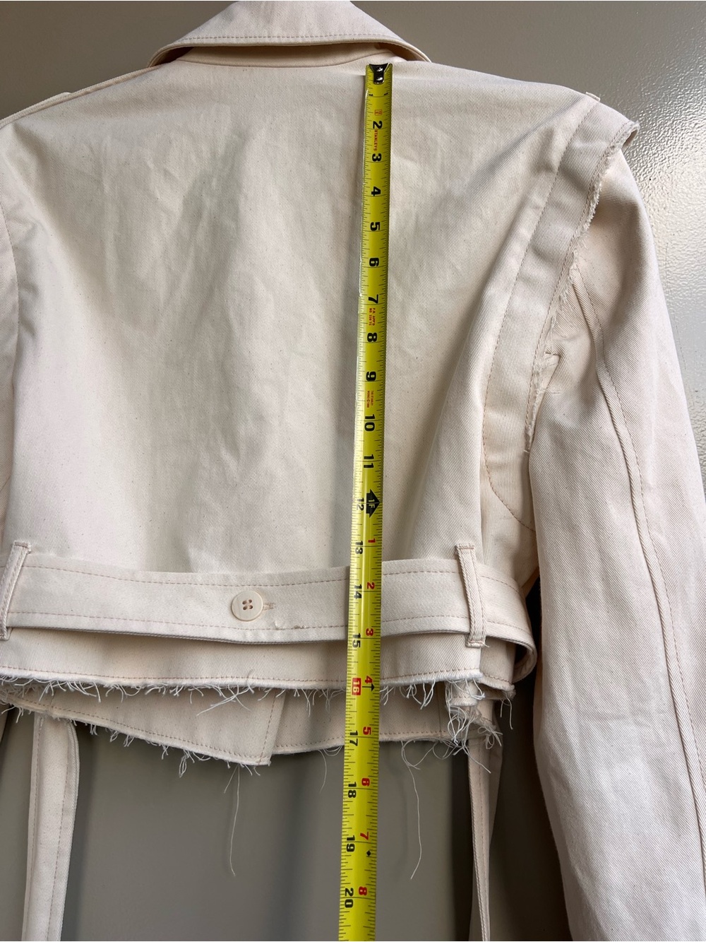 Zara XS S Cropped Denim Trench Jacket Ivory Raw Hem Belted Cotton Utility Blazer - Picture 15 of 16
